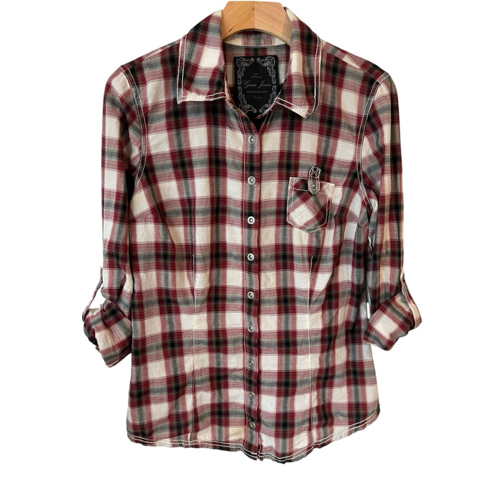 GUESS Button Up Shirt Women's Large Burgundy Plaid Embroidered